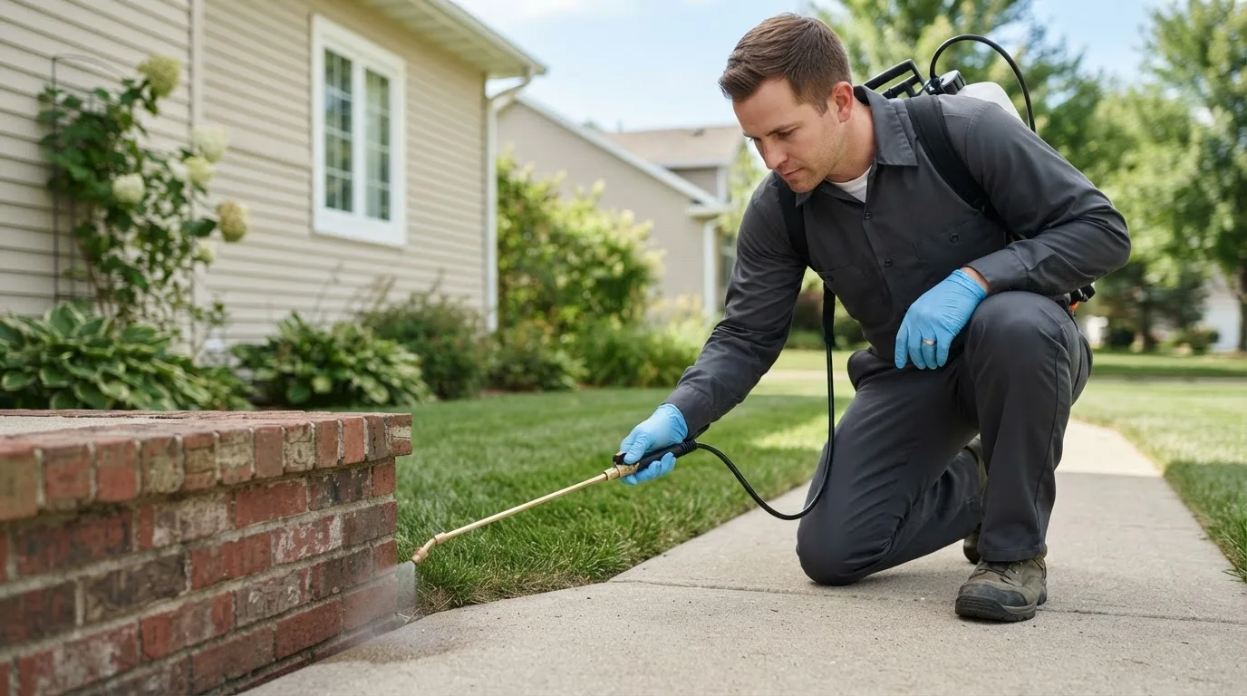 Pest control technician treating a home near Ellendale, ND