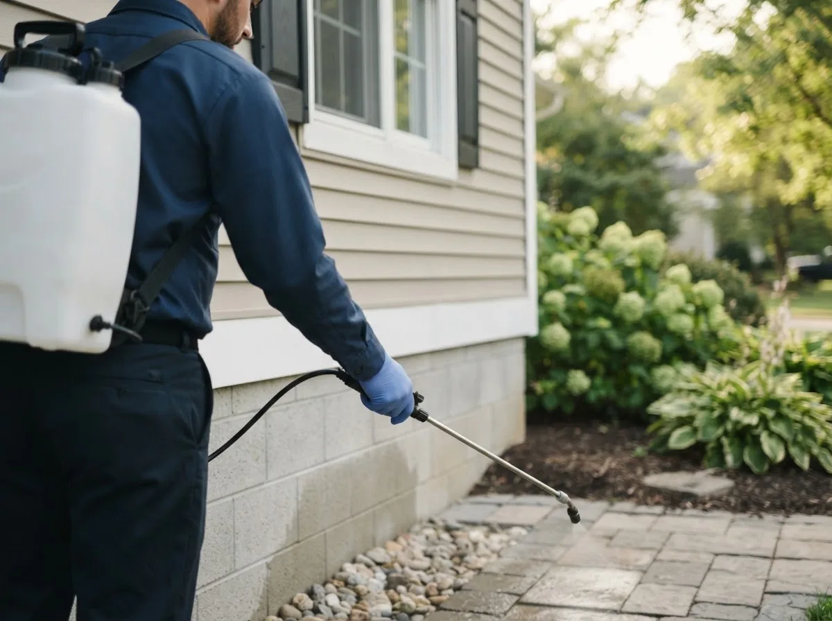Pest control technician inspecting a home in Ellendale, ND